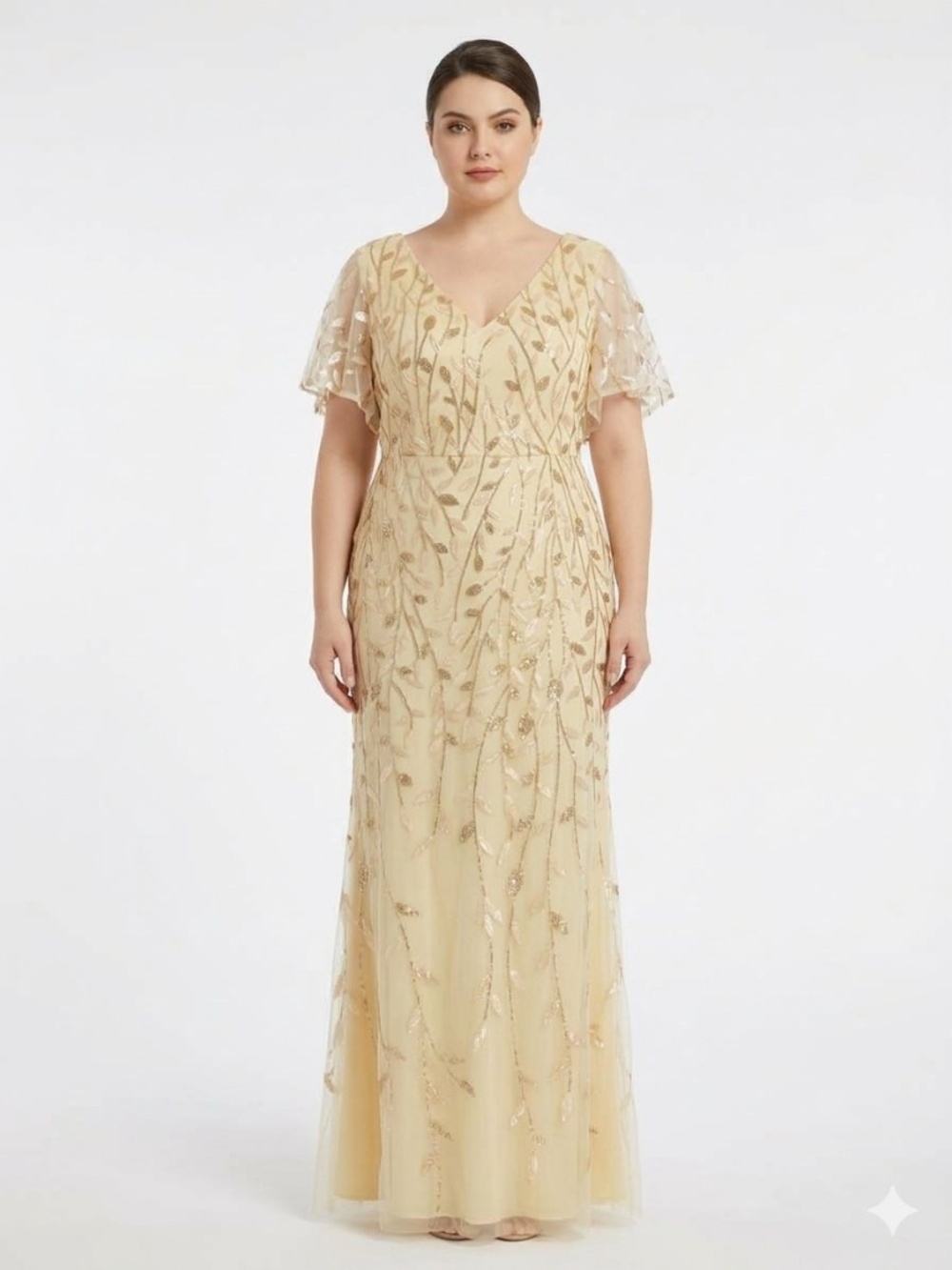 Ever-Pretty Champagne Gold Leaf Sequin Formal Evening Aline Dress 2XL
